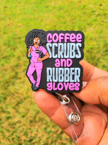 Coffee Scrubs & Rubber Gloves Pink/Blue Retractable Badge Reel