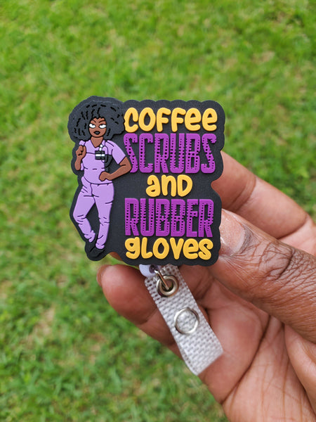 Coffee Scrubs & Rubber Gloves Gold/Purple Retractable Badge Reel