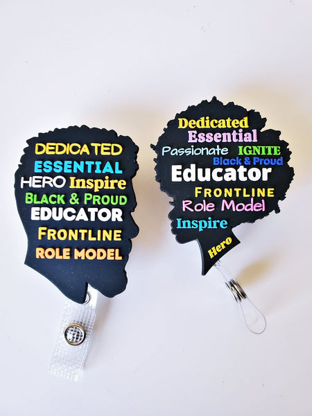 Black Educator Retractable Badge Reel Silhouette